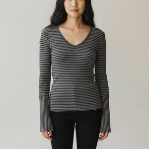 * Philosophy Knit Top Size M Grey Black Stripe V-neck